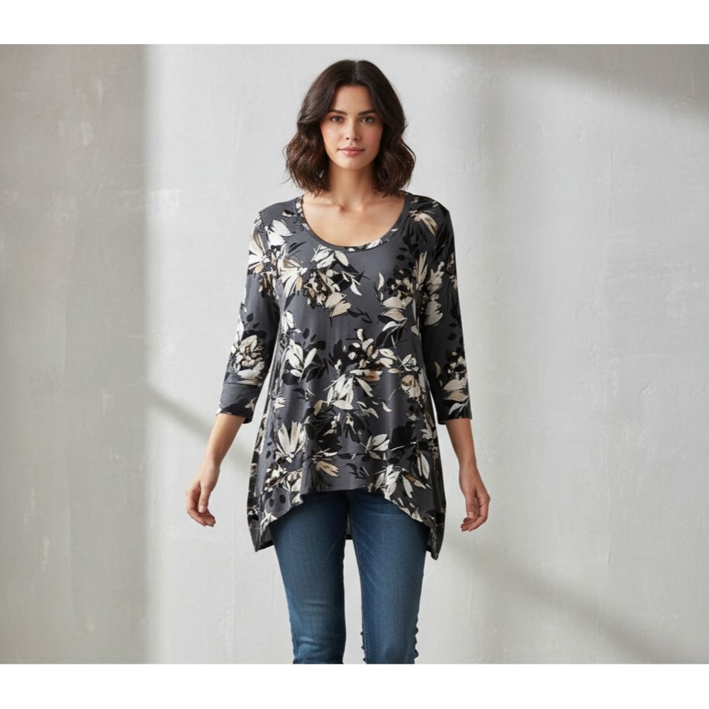 Croft & Barrow L Top Gray Floral Knit Boho Casual Whimsigoth Earthy Romantic